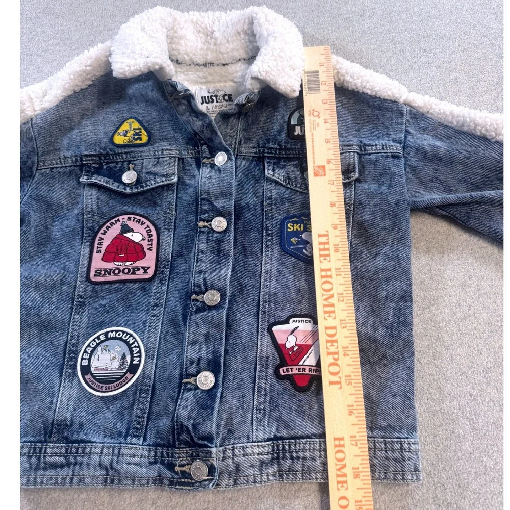 Justice Peanuts Snoopy Denim Jacket Kids‎ Size 7/8 Blue Sherpa Patches Kidcore